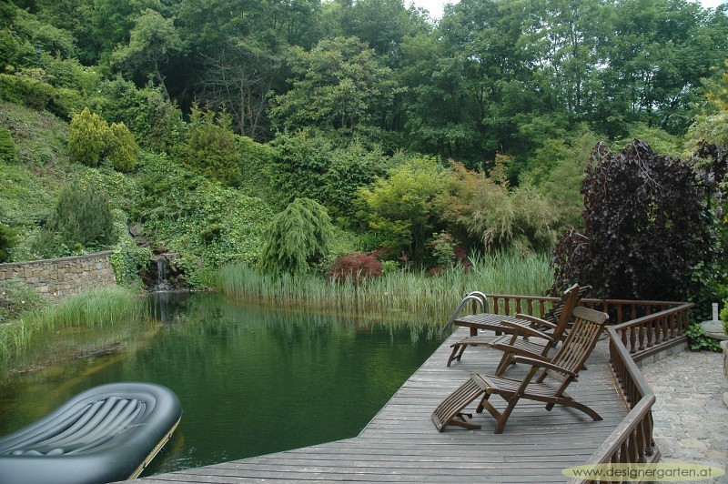 Wood deck with loungers over a green swimming pond, Austria